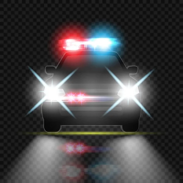 Police car with headlights flares and siren at the night road. Special red and blue light beams — Stock Vector