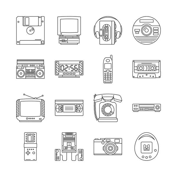 Lineaire iconen set met gadgets van 90s. Retro-apparaten met audio cassettespeler, Tetris, game console, ETS — Stockvector