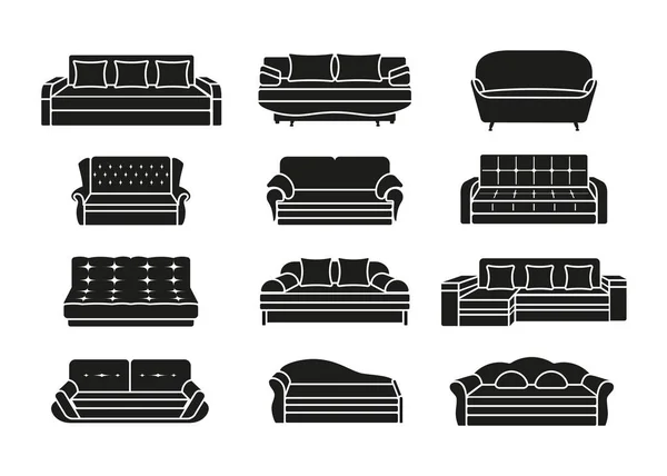 Conjunto de sofá ícone silhueta. Coleção de móveis para interiores de casa. Ilustração vetorial . — Vetor de Stock