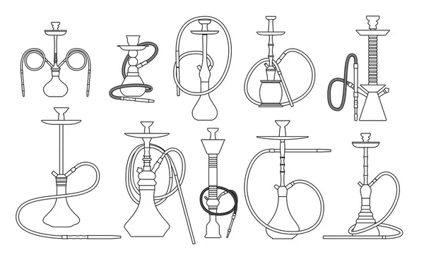 Hookah lijn set met pijp voor roken tabak en Shisha. Collectie geïsoleerd op witte achtergrond. Vector illustratie — Stockvector