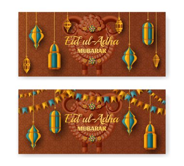 Eid ul Adha arka plan. İslam Arap fenerleri ve koyun. Tebrik kartı. Kurban Festivali. Vektör Illustration.