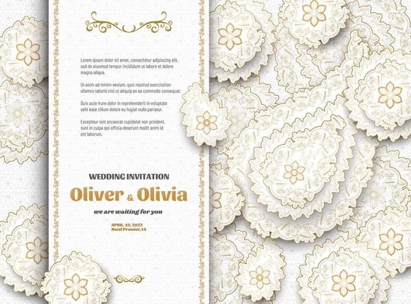 Set von Hochzeitseinladungsvorlagen mit Blumenpaisley und Mandala. Blüten- und Blättermuster. Goldschmuck. Vektorillustration. — Stockvektor