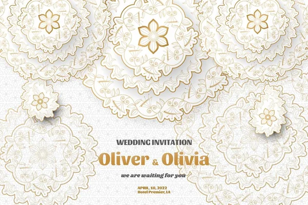Set von Hochzeitseinladungsvorlagen mit Blumenpaisley und Mandala. Blüten- und Blättermuster. Goldschmuck. Vektorillustration. — Stockvektor