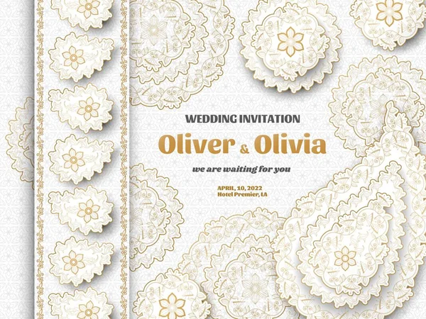 Set von Hochzeitseinladungsvorlagen mit Blumenpaisley und Mandala. Blüten- und Blättermuster. Goldschmuck. Vektorillustration. — Stockvektor