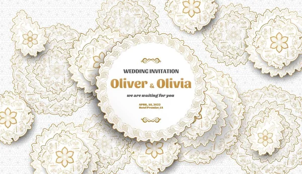 Set of wedding invitation templates with floral paisley and mandala. Flower and leaves patterns. Golden ornaments. Vector illustration. — Stock Vector