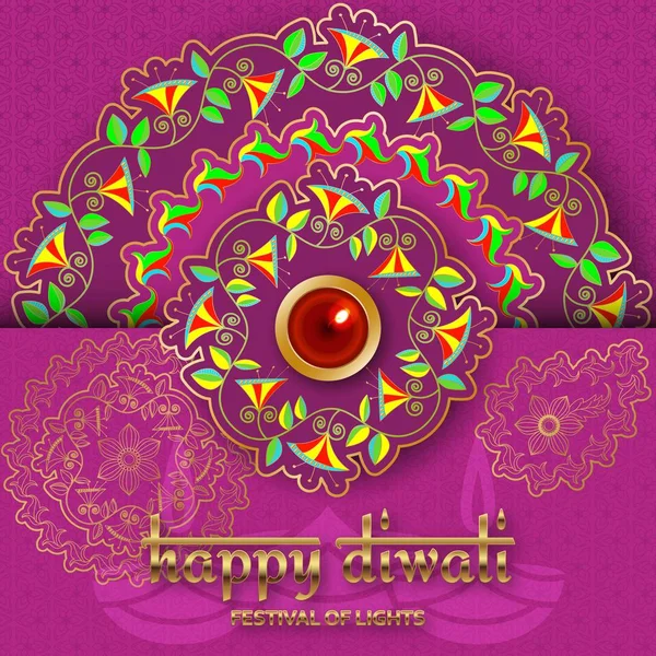 Happy Diwali purple template with floral paisley and mandala. Flower and leaves patterns. Festival of lights. Greeting card with diya — Stock Vector