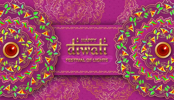 Veselý Diwali, fialový šablona s květinovými Paisley a mandalem. Květiny a vzorky. Festival světel. Přání s diyou — Stockový vektor