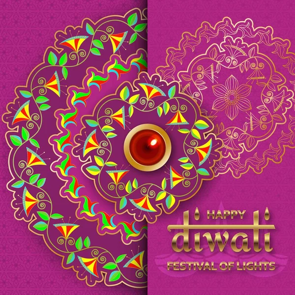 Happy Diwali purple template with floral paisley and mandala. Flower and leaves patterns. Festival of lights. Greeting card with diya — Stock Vector