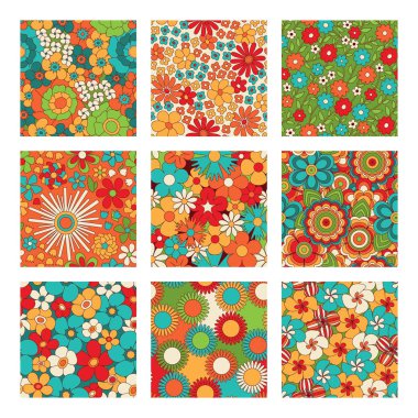 Vintage çiçek dikişsiz desenler ayarlayın. Psychedelic veya hippi tarzı arka planlar. Soyut çiçekler ve harika renkler