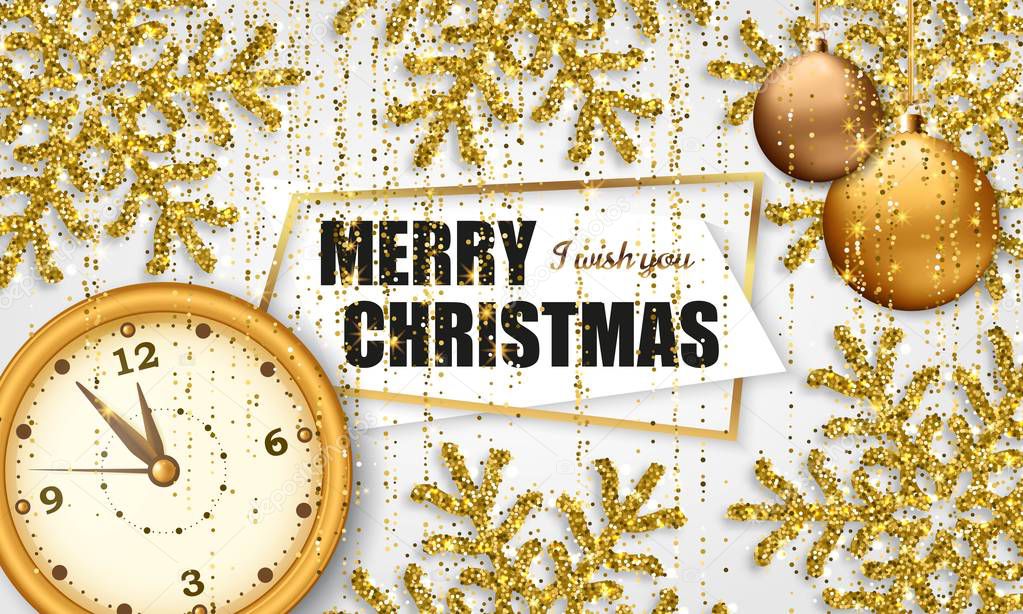 Merry Christmas background with shiny snowflakes, golden balls, clock and gold colored tinsel and streamer. Greeting card and Xmas template. Five minutes to midnight