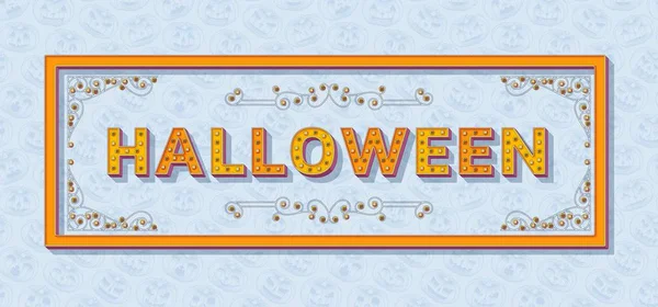 Halloween-Hintergrundschablone mit Retro-stilisierter Typografie. 3D-Schrift mit farbigen Knöpfen, kunstvollen Strudeln und Rahmen. Vektorillustration. — Stockvektor