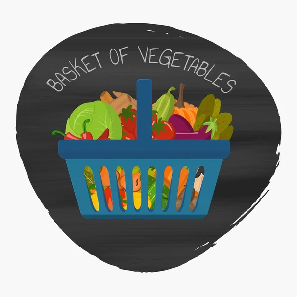 Set van boodschappenmanden en boodschappenkarren met verschillende goederen zoals groenten en fruit. Veganistisch concept — Stockvector