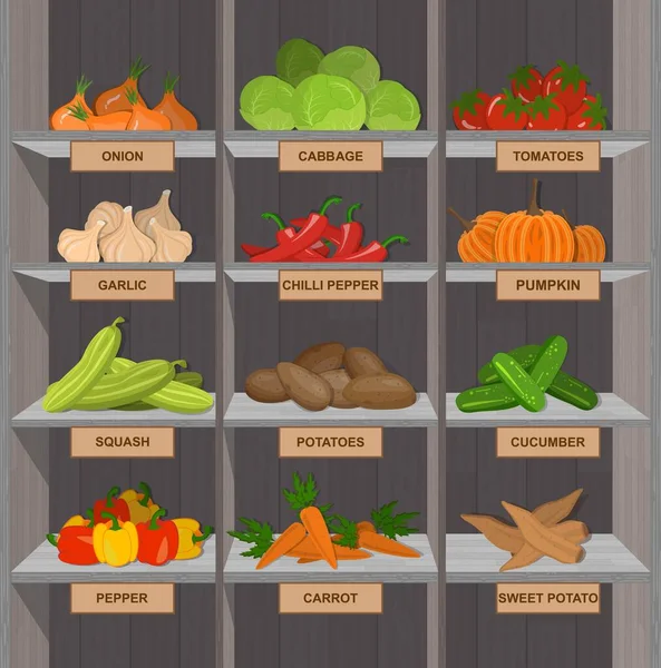 Winkelstalletjes met groenten. Supermarkt planken met ui en kool, aardappel en tomaat. Vectorillustratie. — Stockvector