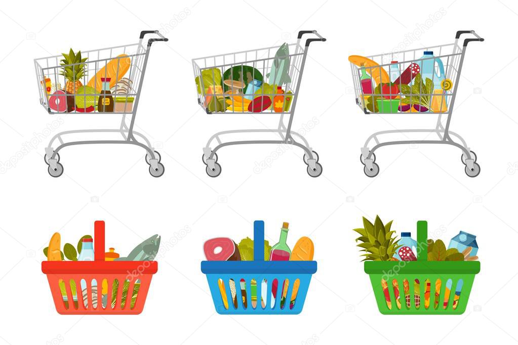 Set of grocery food baskets and shopping carts with different goods such as fruits and vegetables, meat and fish, milk and bread