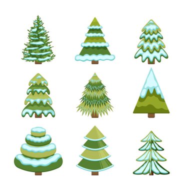 Bir sürü Noel ağacı. Kış köknar ve çamlar farklı şekillerde karlar içinde