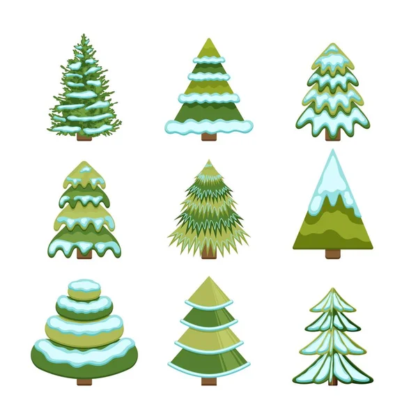 Ensemble d'arbres de Noël. sapins et pins d'hiver dans la neige dans différents styles — Image vectorielle