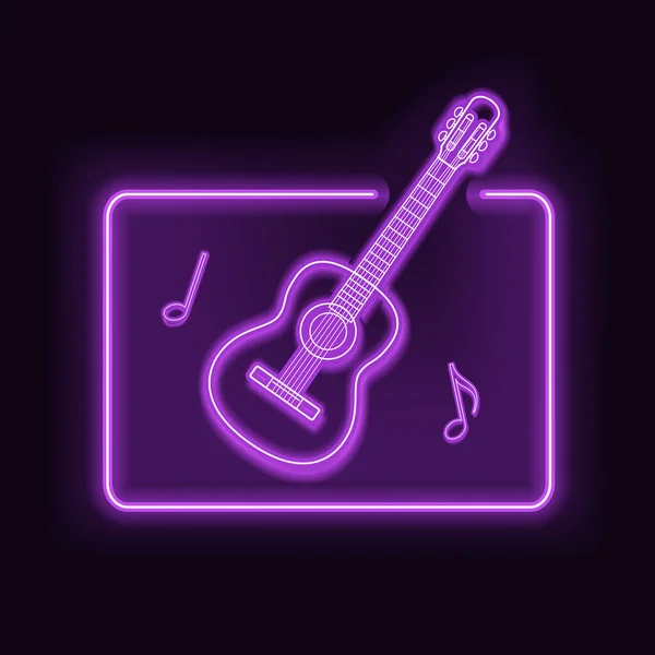 Neon rectangle frame with guitar. Glowing signboard design — Stock Vector