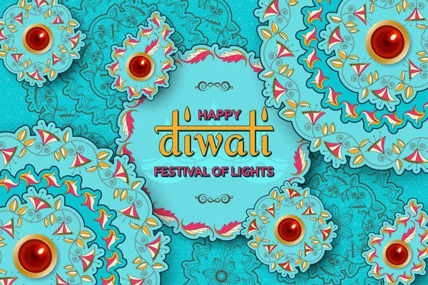Happy Diwali turquoise template with floral paisley and mandala. Flower and leaves patterns. Festival of lights. Greeting card with diya — Stock Vector