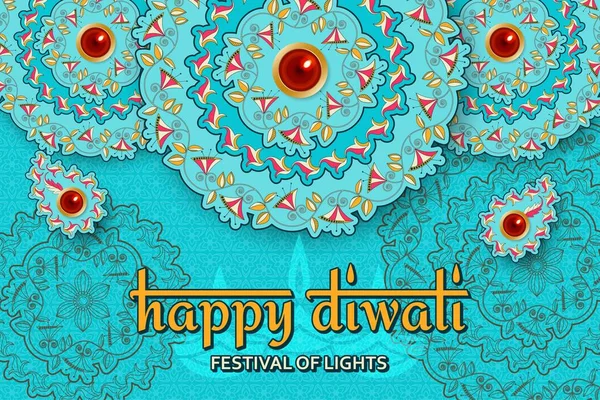 Happy Diwali turquoise template with floral paisley and mandala. Flower and leaves patterns. Festival of lights. Greeting card with diya — Stock Vector