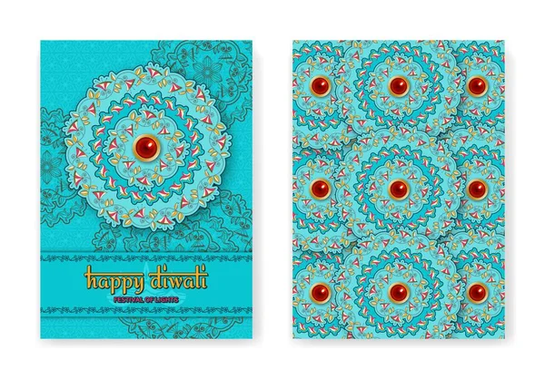 Happy Diwali turquoise template with floral paisley and mandala. Flower and leaves patterns. Festival of lights. Greeting card with diya — Stock Vector