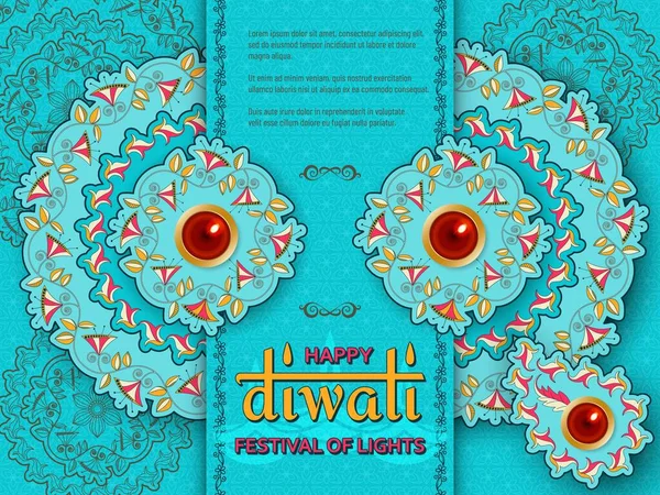 Happy Diwali turquoise template with floral paisley and mandala. Flower and leaves patterns. Festival of lights. Greeting card with diya — Stock Vector