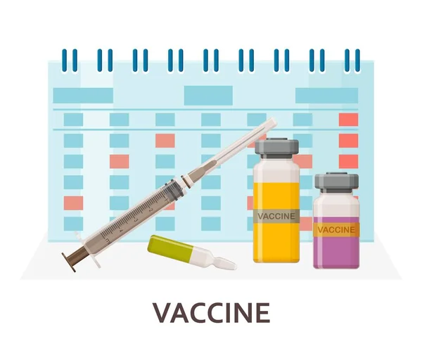 Tempo para o conceito de vacinação. Ícones do frasco, seringa e calendário da vacina. Ilustração vetorial . —  Vetores de Stock