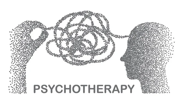 手で精神療法の概念図手を絡まない乱雑な鼻の結び目、粒子多様体の人間の頭と白い背景に手でベクトルイラスト — ストックベクタ