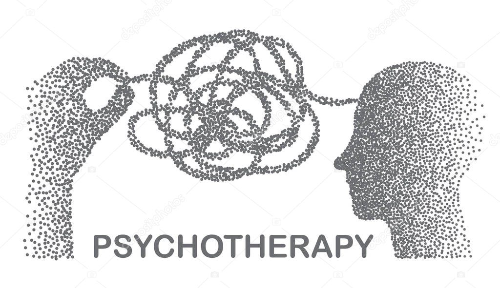 Psychotherapy concept illustration with hands untangling messy snarl knot, illustration with particle divergent human head and hand on white background