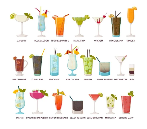 Cocktails collection. Classic and tropical alcoholic drinks, long drinking and shots — Stock Vector