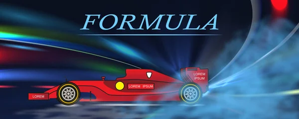 Formule sportive avec nuage de poussière. Vue latérale bolide rouge — Image vectorielle