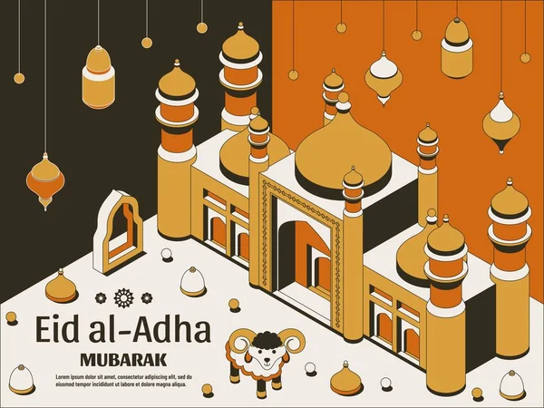 Eid al Adha Hintergrund isometrisch. Islamische arabische Moschee, Laternen und Schafe. Grußkarte vorhanden. Opferfest. Vektorillustration. — Stockvektor