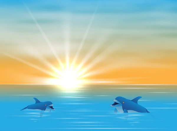 Dauphin en mer composition réaliste et colorée deux dauphins nagent dans l'eau et le seigle soleil percer l'illustration vectorielle de l'eau — Image vectorielle