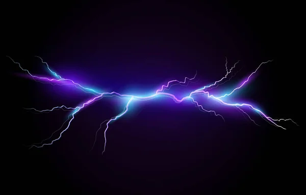 Vektor-Illustration eines realistischen Stils von hell leuchtenden Blitzen isoliert auf einem dunklen Hintergrund, natürlicher Lichteffekt. Magischer weißer Gewitterblitz, Druck, Muster — Stockvektor