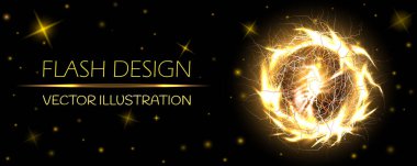 Electric ball, lightning circle strike impact place, plasma sphere in golden color with stars isolated on dark background. Powerful electrical discharge, magical energy flash. Realistic 3d clipart