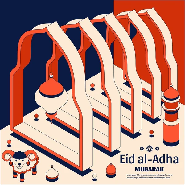 Eid al Adha พื้นหลัง isometric มัสยิดอิสลามอาหรับ โคมไฟและแกะ การ์ดอวยพร เทศกาลแห่งการบูชายัญ รูปแบบเวกเตอร์ . — ภาพเวกเตอร์สต็อก