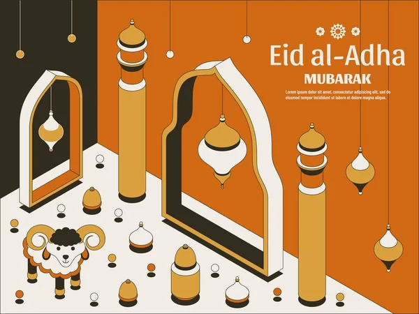 Eid al Adha Hintergrund isometrisch. Islamische arabische Moschee, Laternen und Schafe. Grußkarte vorhanden. Opferfest. Vektorillustration. — Stockvektor