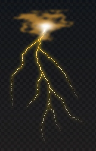 Ilustración vectorial de un estilo realista de relámpagos brillantes aislados sobre un fondo oscuro, efecto de luz natural. Elemento mágico relámpago de tormenta — Vector de stock