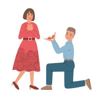 Erkek kadına evlenme teklif eder. Diz çöken çocuk, elinde alyans olan bir kutuyu bir kıza uzatıyor. İkisi de gülümsüyor. Beyaz arkaplanda izole edilmiş çizgi film karakterleri.