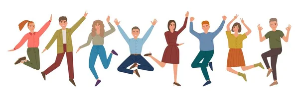 Hoppa människor grupp med upphöjda händer och leende. Glada skrattande män och kvinnor. Tecknad tecken isolerad på vit bakgrund. — Stock vektor
