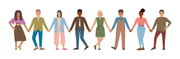 Улыбающиеся мужчины и женщины держатся за руки. Счастливые люди стоят в ряд вместе. Понятие счастья и дружбы. Персонажи Кавказского, Азиатского и Африканского мультфильмов изолированы на белом фоне. — стоковый вектор