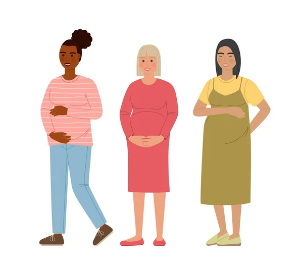 Conjunto de mujeres embarazadas. Las mujeres felices mamá esperando un bebé. Personajes de dibujos animados aislados sobre fondo blanco . — Archivo Imágenes Vectoriales