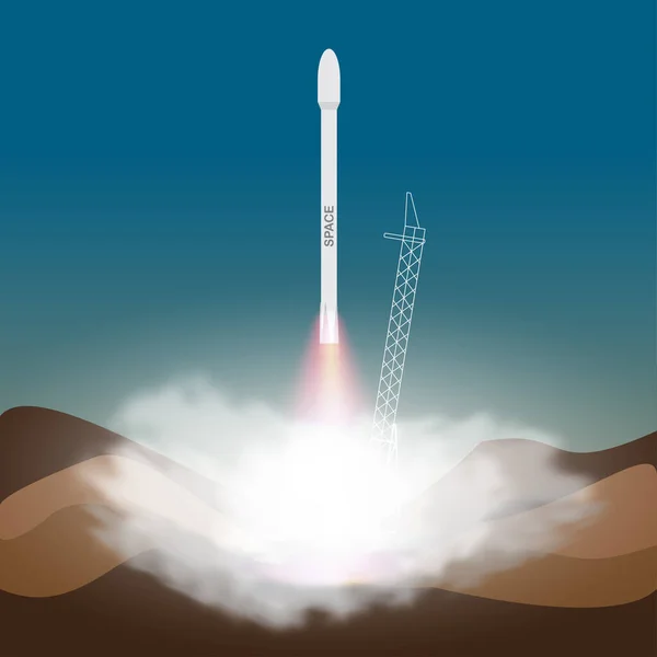 Шаттл взлетает над пустыней. Запуск ракеты. Свалка в пустыне. Космические путешествия. Изучение и исследование космоса. — стоковый вектор