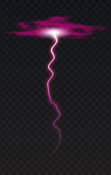 Vector illustratie van een realistische stijl van paarse gloeiende bliksem geïsoleerd op een donkere achtergrond, natuurlijk licht effect. Magisch wit onweer bliksem element — Stockvector