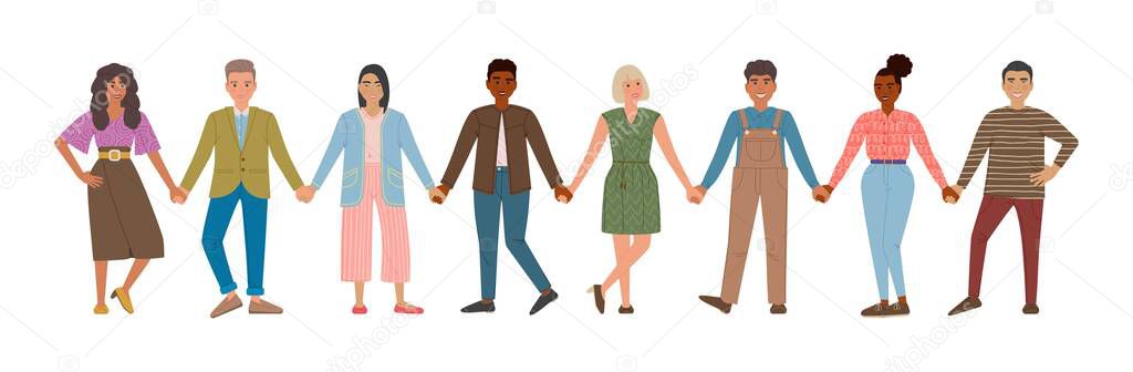 Smiling men and women holding hands. Happy people standing in row together. Concept of happiness and friendship. Caucasian, Asian and African Cartoon characters isolated on white background.