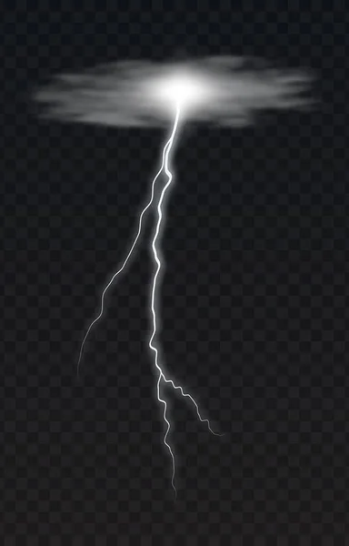 Vector illustratie van een realistische stijl van witte gloeiende bliksem geïsoleerd op een donkere achtergrond, natuurlijk licht effect. Magisch onweer bliksem element — Stockvector