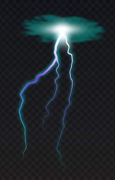 Vector illustratie van een realistische stijl van gekleurde gloeiende bliksem geïsoleerd op een donkere achtergrond, natuurlijk licht effect. Magisch onweer bliksem element — Stockvector