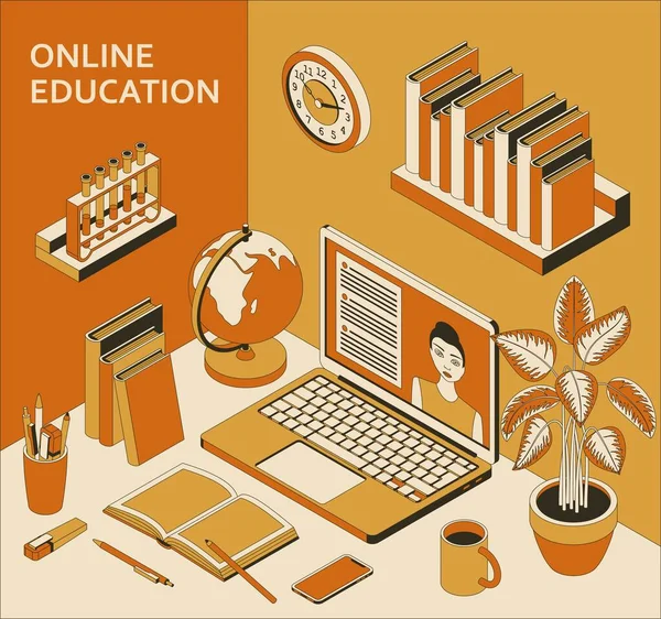Çevrimiçi eğitim kavramı, dizüstü bilgisayarlar, kitaplar, dünya ve kahve. Evde çalış, online kurslar — Stok Vektör