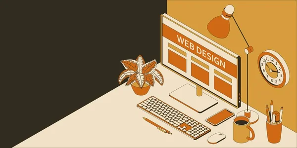 Lugar de trabajo isométrico en estudio de diseño web con ordenador, smartphone, reloj y lámpara — Vector de stock