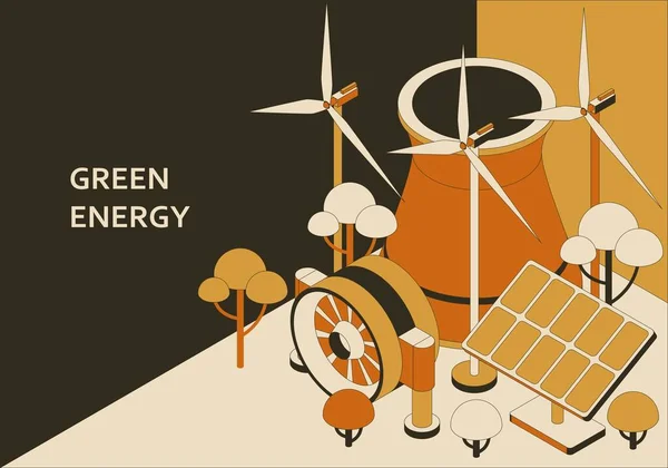 Isometrisch concept voor groene energie. Zonne-energie, windenergie, aardwarmte en golfenergie. Vectorillustratie — Stockvector