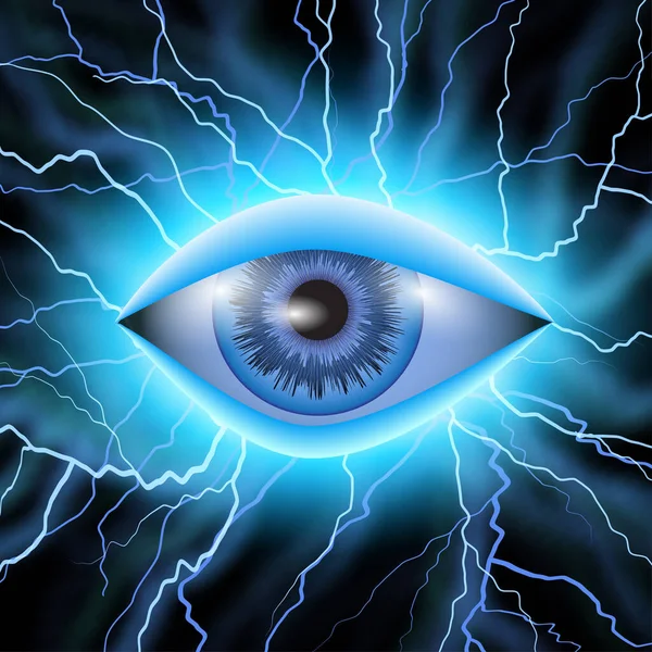 Abstrakcyjny niebieski symbol All-seeing Eye na ciemno do dekoracji T-shirt. Koncepcja magicznej okultyzmu ezoteryka — Wektor stockowy